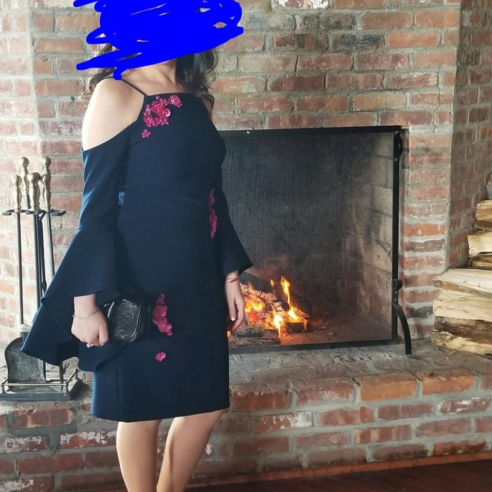 Theia Navy Blue One Shoulder Dress with Pink Floral Accents